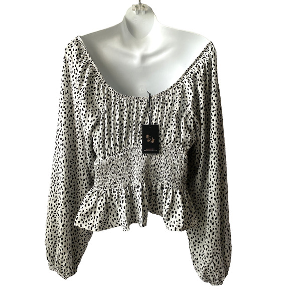 Sincerely Jules Animal Print Milkmaid Blouse Women M Black Smocked Peasant NWT - Picture 2 of 7